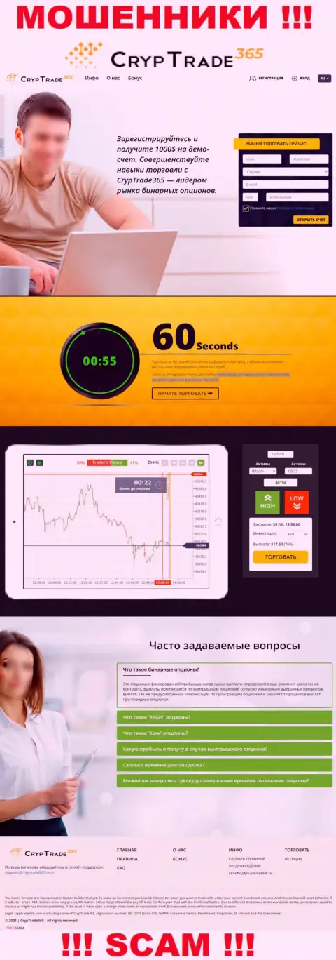 Сайт противозаконно действующей компании Cryp Trade365 - это заманчивая обложка и всего только
