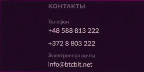 Номера телефонов и электронная почта online-обменника BTC Bit