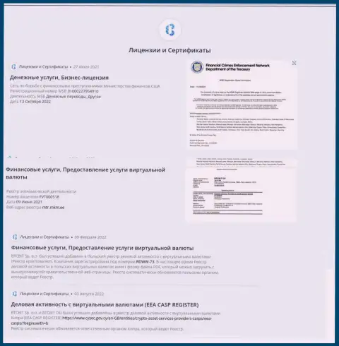 Разрешения и сертификаты online-обменника БТК Бит